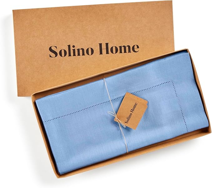 Solino Home Linen Cornflower Blue Tablecloth 52 x 52 Inch - 100% Pure Linen Square Table Throw - Classic Hemstitch, Machine Washable Table Cloth for Christmas, Holiday
