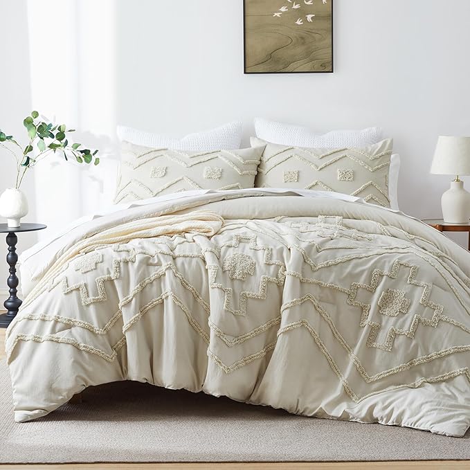 Oli Anderson Boho Tufted Comforter Set Queen Size, 3 Pcs Soft Jacquard Bedding Set for All Seasons, Shabby Chic Farmhouse Bedding Set with Comforters for All Seasons (Beige, Queen)