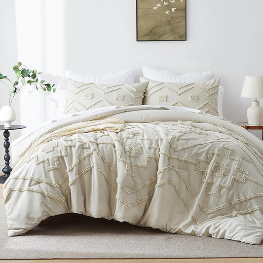 Oli Anderson Boho Tufted Comforter Set Queen Size, 3 Pcs Soft Jacquard Bedding Set for All Seasons, Shabby Chic Farmhouse Bedding Set with Comforters for All Seasons (Beige, Queen)