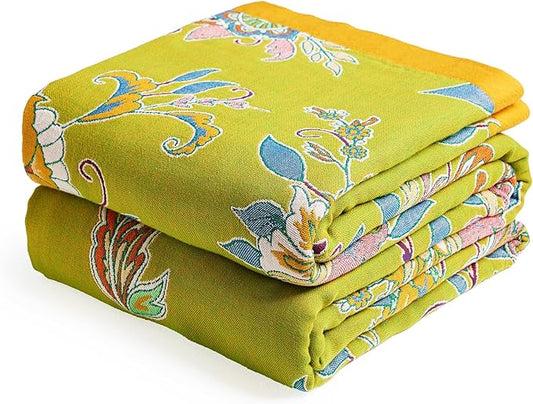 Boho Throw Blanket 50" x 60", 100% Organic Cotton Breathable Ultra Soft Bed Quilt Throw - All Season Luxury Floral Farmhouse Decor Blanket for Sofa Couch Chair and Gift. Green/Blue