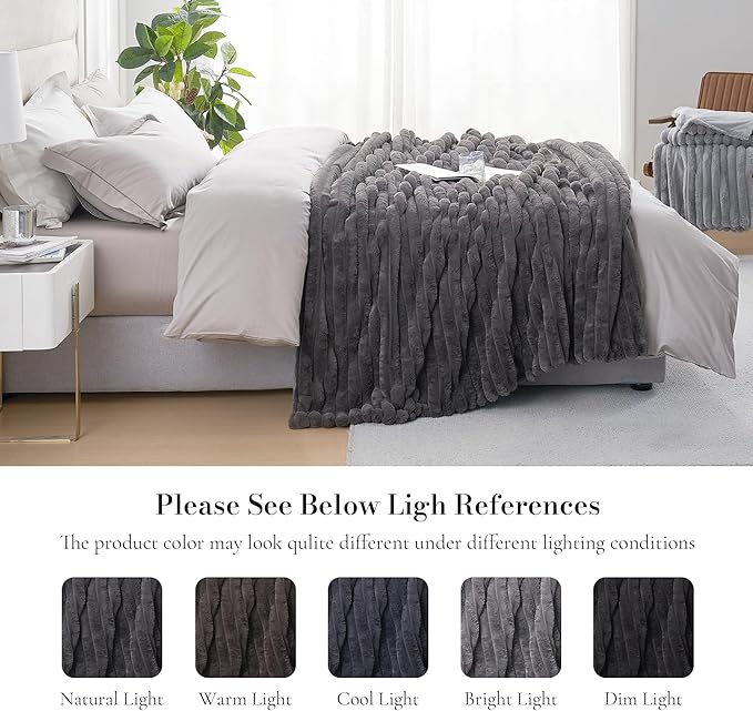 Amélie Home Faux Fur Throw Blanket for Couch, Cozy Fuzzy Fluffy Fur Luxurious Soft Striped Plush Gift Blankets for Family Sofa Chair Bedroom, 60"x80", Charcoal Grey