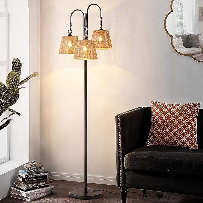 Rattan Floor Lamp, 68in. Boho Floor Lamps with Natural Shade, 3-Light Tree Lamp for Coastal, Beach or Bohemian Style Decor, E26 Socket, On/Off Footswitch Lamp for Living room, Bedroom (Bohemian-Black)