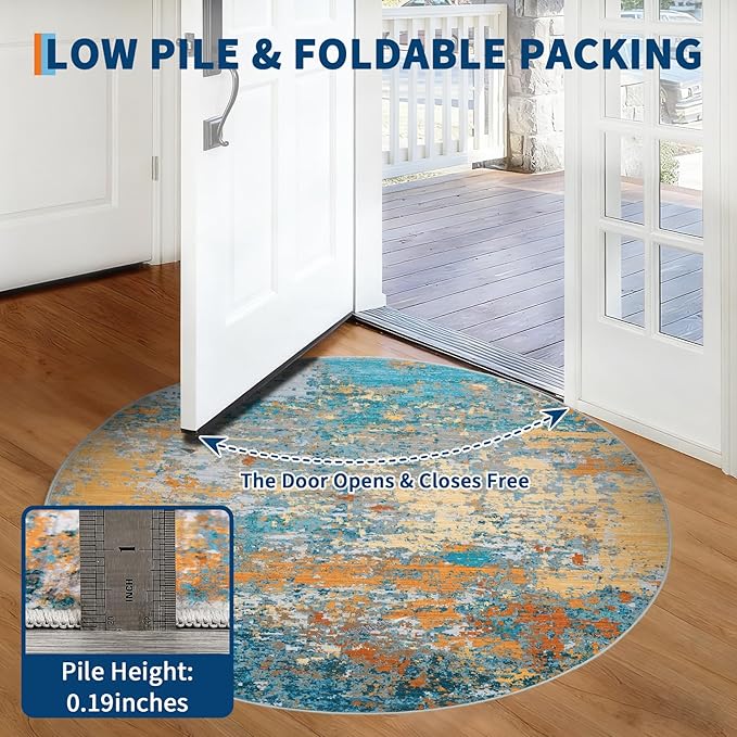 Modern Abstract 4x4 Round Area Rug Non Slip Non Shedding Rug Low Pile Stain Resistant for Bedroom Living Room Office Dining Room,Multi Color