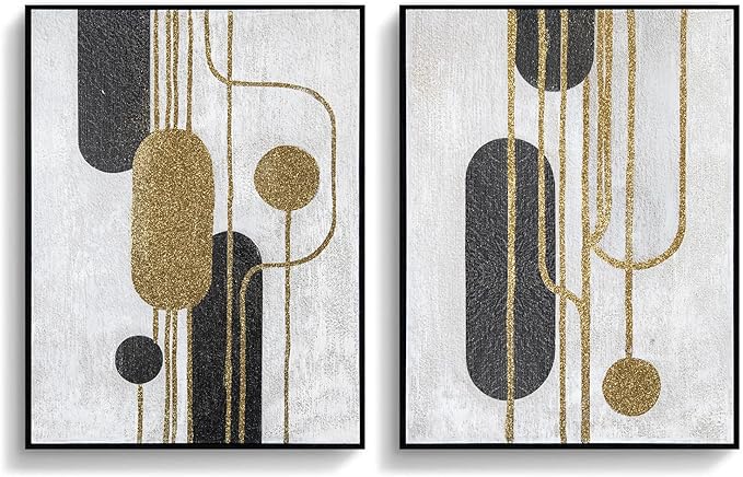 Artiluxy Minimalist Abstract Wall Art Set of 2 – Black and Gold Line Art on White Background, Textured Canvas Geometric Paintings, Modern Aesthetic Decor for Living Room, Bedroom, or Office – 18x24in