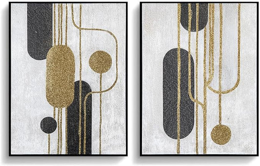 Artiluxy Minimalist Abstract Wall Art Set of 2 – Black and Gold Line Art on White Background, Textured Canvas Geometric Paintings, Modern Aesthetic Decor for Living Room, Bedroom, or Office – 18x24in
