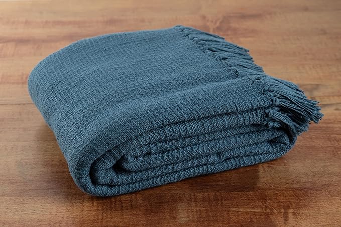 Sticky Toffee Woven Cotton Throw Blanket 60x50 in – Blue Navy Textured Blanket with Fringe for Couch or Bed, Thick and Durable Boho Decorative Throw