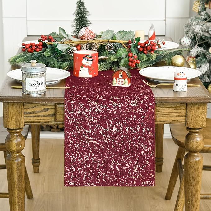 Artoid Mode Burgundy Dutch Fleece Table Runner, Glitter Metallic Foil Holiday Kitchen Dining Table Decoration for Home Party Decor 13x72 Inch