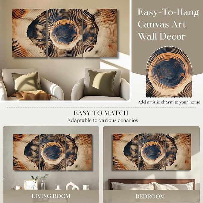 Oxzcimty Tree Ring Canvas Wall Art,Vintage Tree Ring Art,Modern Nature Wall Decor for Living Room,Bedroom,Office (12" x 18" x 3 pcs)