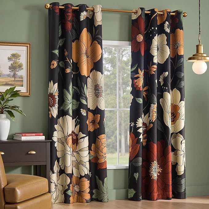 jinchan Lora Floral Curtains for Bedroom Blackout Drapes for Living Room Darkening Fabric Fall Decor Winter Vintage Flower Pattern Printed Window Curtains 90 Inches Length 2 Panels with Grommet Black