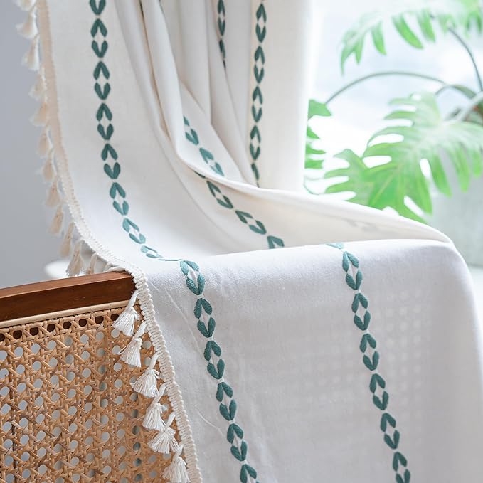 Sutuo Home Boho Curtains for Dining Room Kitchen, Semi Blackout Farmhouse Vintage Tassels Window Treatment Bohemian Embroidery Drape, Rod Pocket 1 Panel 52" W x 63" L, White and Emerald Green
