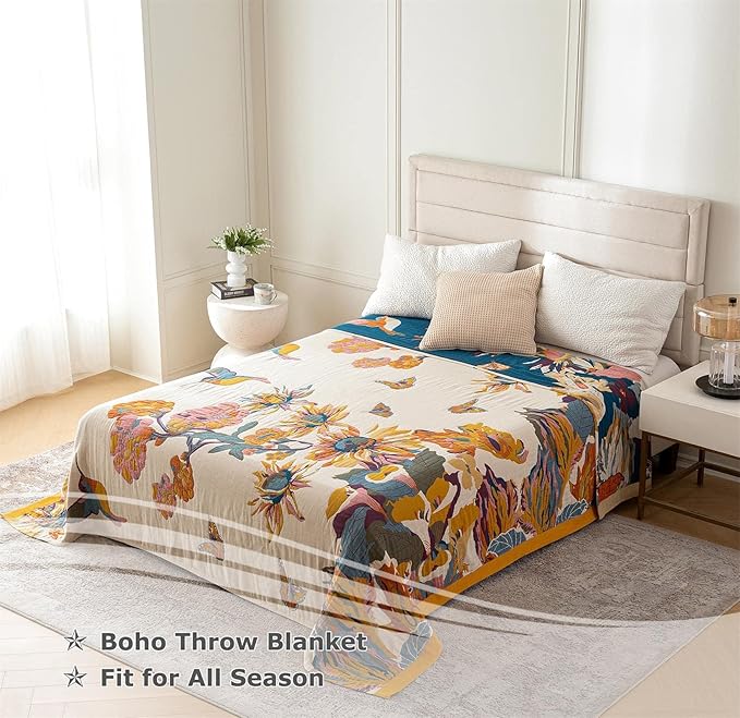 Boho Throw Blanket for Bed 100% Cotton Ultra Soft Rustic Quilt Floral Printed Farmhouse Decor Bed Fall Blanket,80"×90" All Season Rustic Throw for Sofa Couch Chair