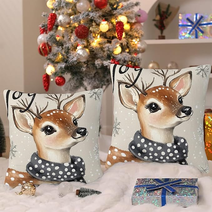 Christmas Pillow Covers 18X18, Christmas Deer Joy Decorative Throw Pillow Covers, Winter Snowflake Deer Pillow Cover Pillowcase Cushion Case for Home Sofa Couch Indoor Outdoor Set of 2