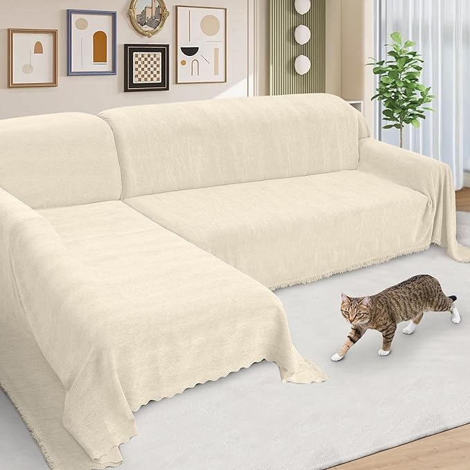 ALIECOM Sectional Couch Covers L Shape Sectional Sofa Cover for Dogs 2 Piece Thick Chenille L Shaped Couch Cover Blanket Chaise Sofa Slipcovers Pet Furniture Protector Washable (X-Large, Beige)