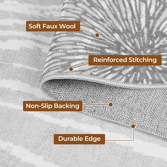 WITSHOCK 6x9 Washable Rug for Living Room,Modern Floral Distress Print Pattern Area Rugs,Stain Resistant with Non Slip Backing Carpet for Dining Room,Bedroom & Home Decor,Grey White