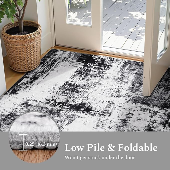 Rugflix 8x10 Area Rugs for Living Room, Washable Large Rug Stain-Resistant Low Pile, Modern Dark Carpet for Dining Room Home Office Kid Room Nursery Bedroom, Black Grey