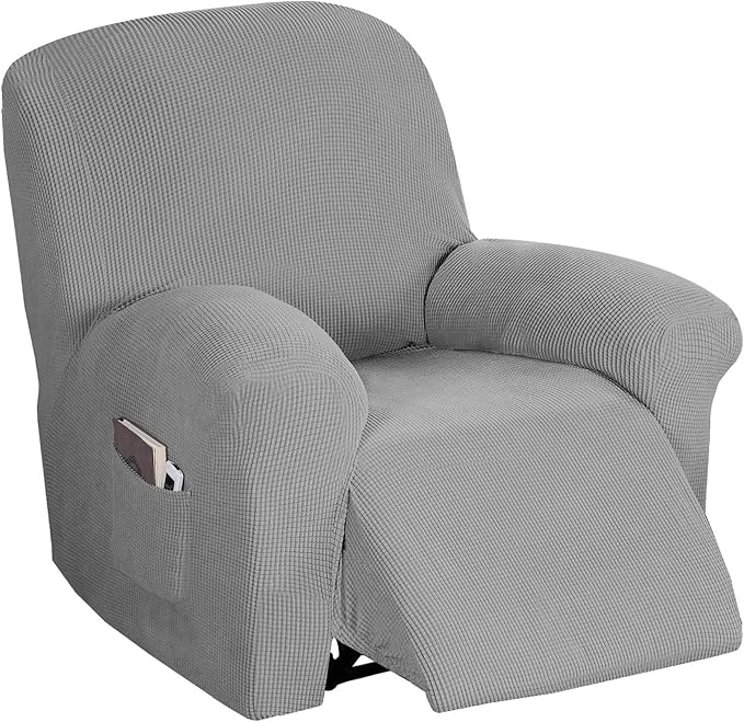 Flamingo P Stretch Recliner Chair Cover Recliner Cover for Electric/Manual Style | Furniture Cover for Reclining with Side Pocket, Soft Checked Jacquard Fabric Form Fitted Standard/Oversized - Dove