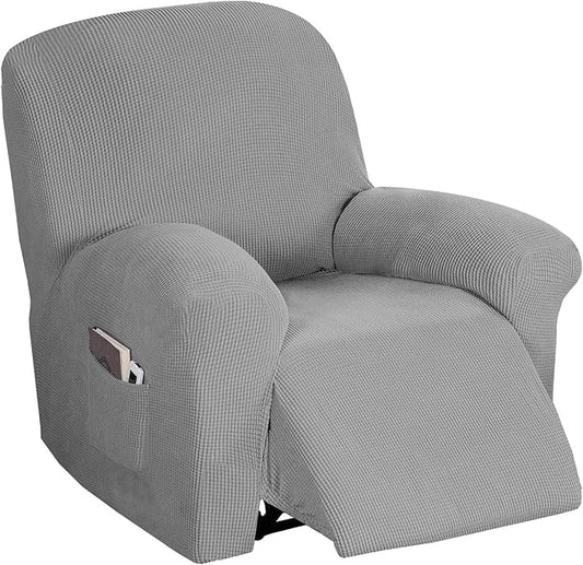 Flamingo P Stretch Recliner Chair Cover Recliner Cover for Electric/Manual Style | Furniture Cover for Reclining with Side Pocket, Soft Checked Jacquard Fabric Form Fitted Standard/Oversized - Dove