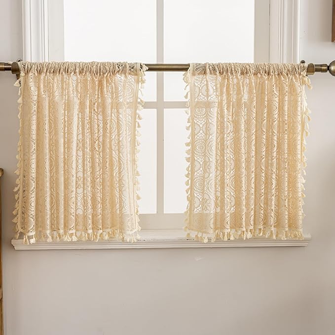 YJ YANJUN Boho Cafe Curtains 24 inch Length 2 Panels,Each 59" W x 24" L, Beige Crochet Kitchen Window Curtains Over Sink Farmhouse Mini Tier Curtain Panels for Laundry Room Basement Bathroom RV