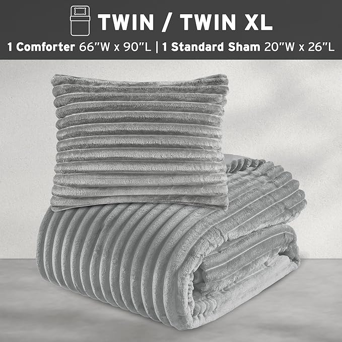 Intelligent Design Twin Comforter Set, Cozy Plush Bedding, Microfiber Reverse, 2 Piece, Lightweight, Super Soft Ribbed Velvet Comforter 1 Sham, All Season Fluffy Bed Set, Avril, Twin/Twin XL Grey