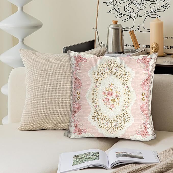 Boho Floral Throw Pillow Covers 20x20 inch Set of 2,Pink Boho Rug Geometric Floral Pattern Decor Double Sided Pattern Cushion Cover Soft Pillow Case Living Sofa Room Bed Square Pillow Cover
