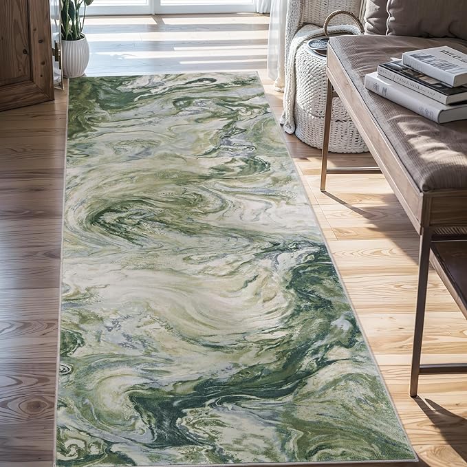 2x6 Runner Rug for Hallways Kitchen Modern Abstract Washable Runner Rug Blue Soft Non Slip Marble Carpet Runner for Laundry Entryway Bedroom Bathroom
