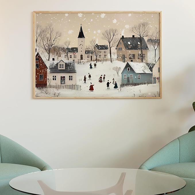 OZCONO Neutral Winter Holiday Wall Art for Cozy Home Decor, Retro Christmas Town Scene Artwork, Beige Seasonal Village Print for Farmhouse Style, Snowy December Illustration (Unframed) (27x40)