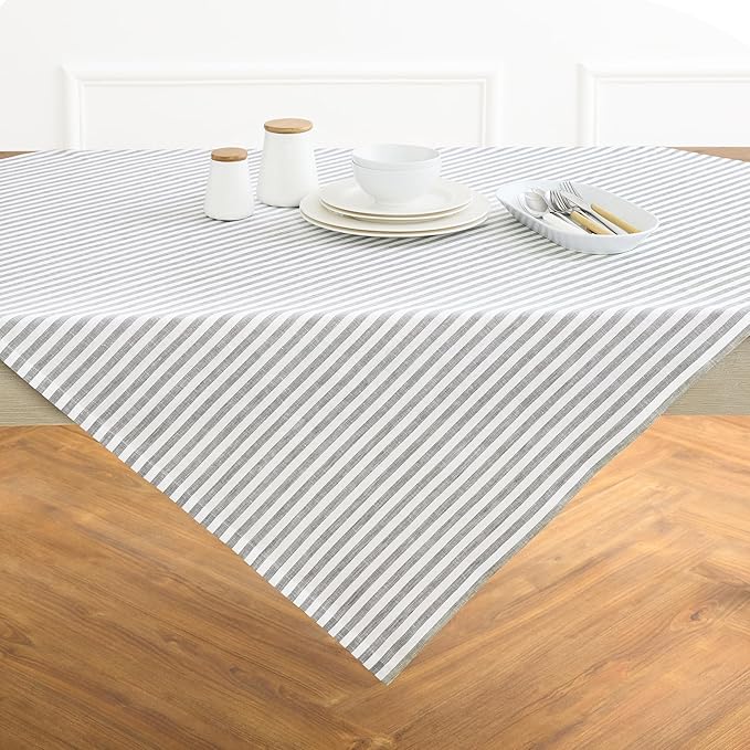 Solino Home Square Tablecloth 52 x 52 Inch - Amalfi Stripe, 100% Pure Linen Grey and White Table Throw - Machine Washable Tablecloth for Fall, Autumn