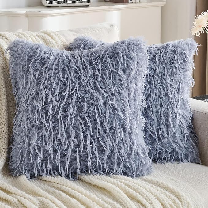 FUTEI Grey Blue Decorative Throw Pillow Covers 22x22 Inch Set of 2,Soft Fluffy Faux Feather Texture Cushion Cases,Modern Home Luxury Decor for Couch Bed Living Room