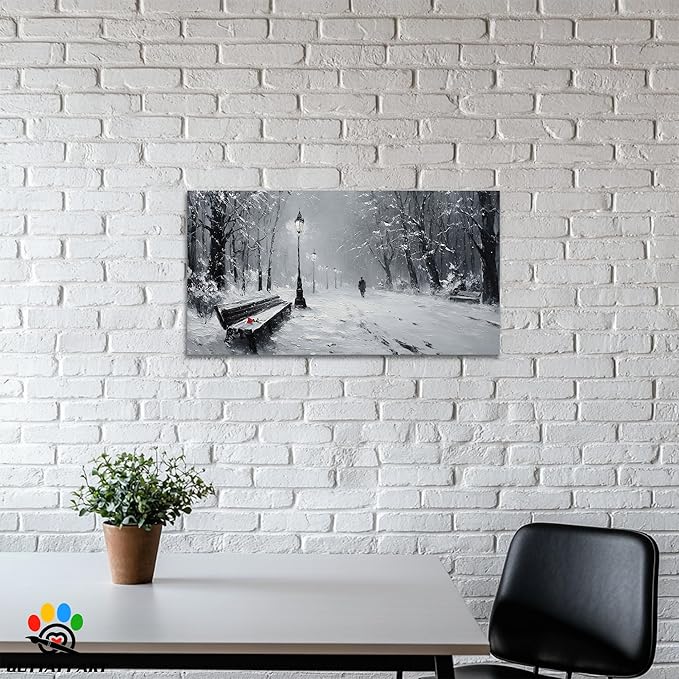 GUTTATY Christmas Winter Scene Canvas Wall Art, Snowy Park Pictures Print, Monochrome Wall Decor with Bench and Lamp, Fine Canvas Artwork for Living Room, Bedroom, Office, Holiday Gift, 24x12 Inch
