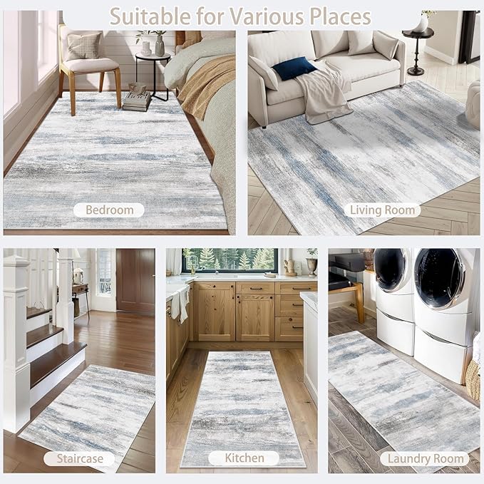 Enkor Area Rugs 5x7 Washable Non Slip Abstract Soft Rugs for Living Room Bedroom, Modern Mat for Kitchen Entryway Blue & Grey
