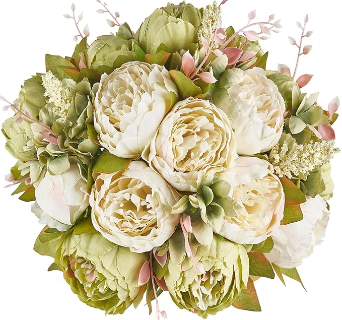 Mkono Peonies Artificial Flowers, 2 Packs 13 Stems Faux Peony Flowers Real Touch Fake Silk Bouquet for Arrangements Dining Table Centerpieces for Kitchen Bridal Wedding Party (2, New Green)