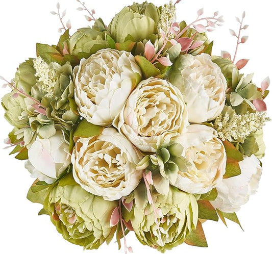 Mkono Peonies Artificial Flowers, 2 Packs 13 Stems Faux Peony Flowers Real Touch Fake Silk Bouquet for Arrangements Dining Table Centerpieces for Kitchen Bridal Wedding Party (2, New Green)