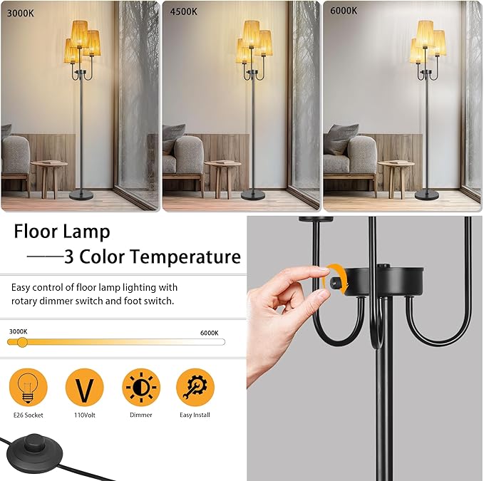 Rattan Floor Lamp for Living Room,3-Light Farmhouse Standing Lamp with Rattan Shades, 65" Tall Rustic Tall Lamps for Bedroom,Office,3 x E26 LED Bulb Included