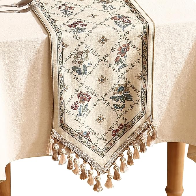 patdrea Designer Vintage Floral Linen Extra Long Table Runner 118 Inch Long,Beige Cottage Rustic Bouquets Pattern Table Mat,Decor for Kitchen Dining Coffee Table Cabinet Thanksgiving,12"*118"