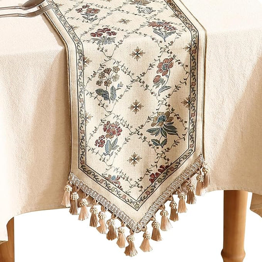 patdrea Designer Vintage Floral Linen Extra Long Table Runner 118 Inch Long,Beige Cottage Rustic Bouquets Pattern Table Mat,Decor for Kitchen Dining Coffee Table Cabinet Thanksgiving,12"*118"