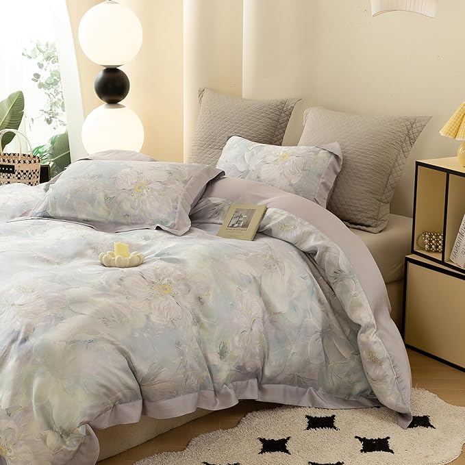 ECOCOTT Bedding 3-Piece Duvet Cover Set Queen Size – Silky Soft 100% Lyocell, Cooling & Breathable for Hot Sleepers, Misty Bloom Floral Pattern, Moisture-Wicking Luxury