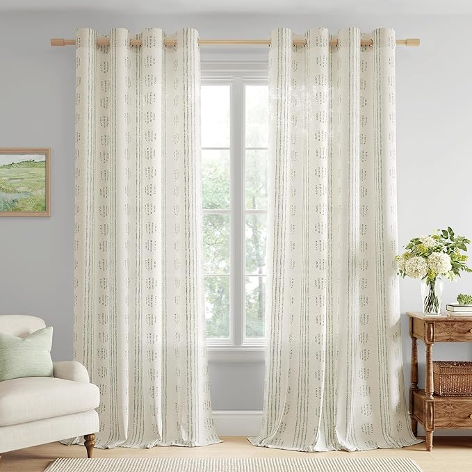 Boho Linen Curtains for Bedroom Living Room Sage Green Farmhouse Boho Curtains 72 Inches Long Geometric Striped Patterned Mudcloth Grommet Top Rustic Window Drapes 2 Panels Green on Beige