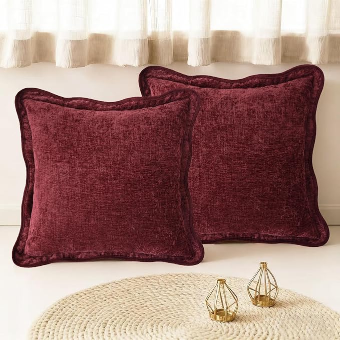 CaliTime Throw Pillow Covers Decorative 18 X 18 Inches Pack of 2 Cozy Chenille Scalloped Wavy Edge Cushion Cases for Couch Sofa Bed Living Room Farmhouse Burgundy