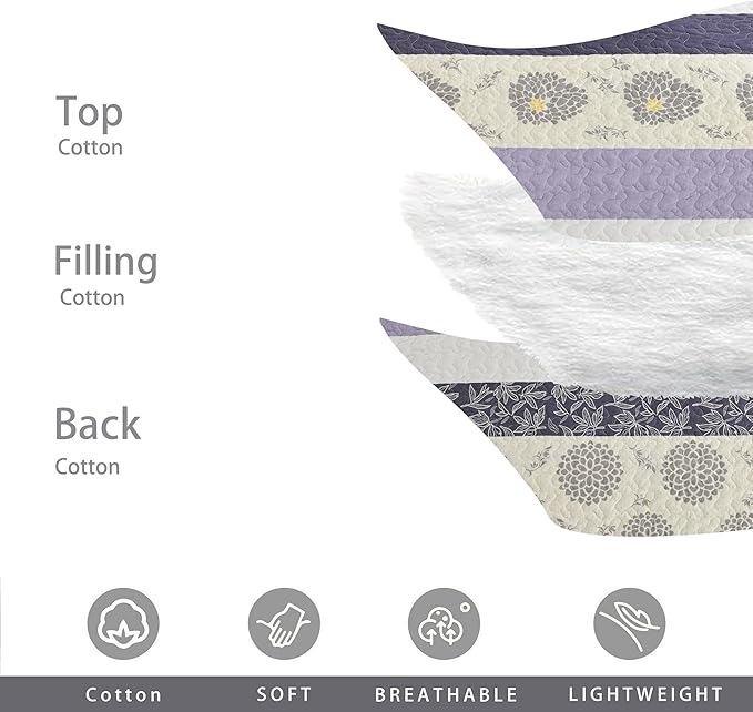 Homzard Floral Comforter Set Queen Size,Purple Lavender Beige Queen Size Quilt Set,All Cotton Quilted Comforter,Striped Floral Pattern Bedding Bedspread, 3 Piece All Season