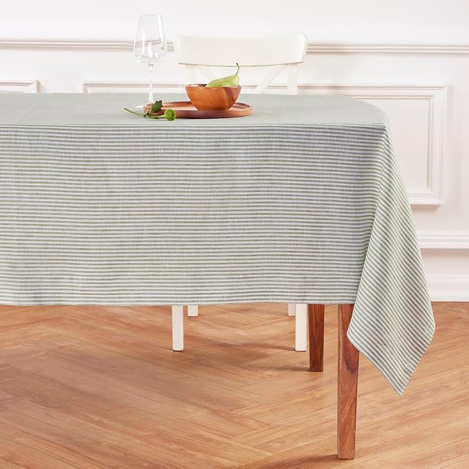 Solino Home Linen Striped Tablecloth 60 x 120 Inch - 100% Pure Linen Avocado and White Table Cloth for Rectangle Tables - Narrow Stripe, Machine Washable Tablecloth for Thanksgiving, Christmas, Winter