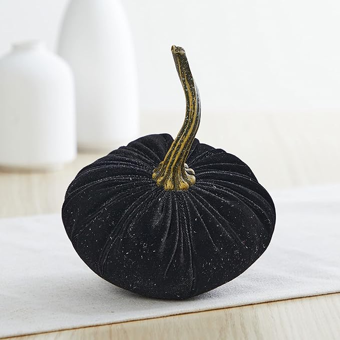 Your Heart's Content Velvet Pumpkin Set of 4, Autumn Accent, Fall Halloween, Thanksgiving tablescape, Tiered Tray Centerpiece Decor (Sm Gray Taupe Ivory Black)