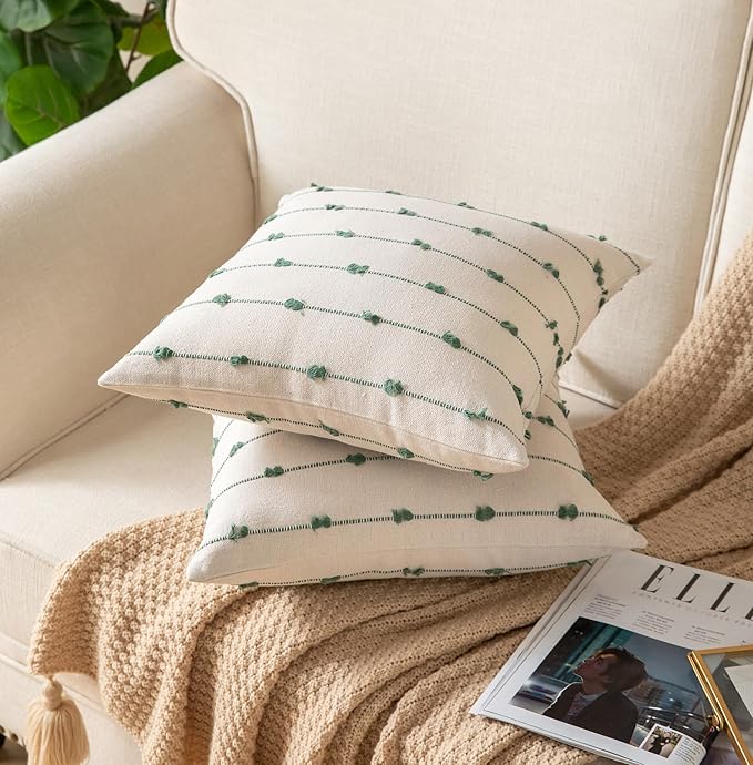 Caflife Boho Throw Pillow Covers 18x18 inches Beige and Green, Set of 2 Modern Farmhouse Decorative Pillow Covers for Couch Bed, Living Room