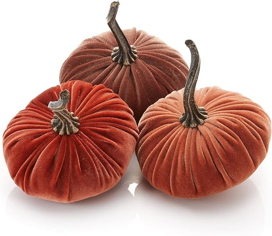 Set of 3 small Velvet Pumpkin, autumn decor, Halloween indoor decor, fall cozy vibe, gift set, bowl filler centerpiece, gift set for hostess, pumpkin spice (Sm Harvest Bronze Rust)
