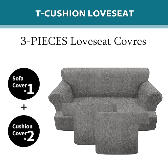 T Cushion Loveseat Slipcover 3 Pieces Sofa Covers for T Cushion Sofa Stretch Slip Covers for 2 Cushion Couch with 2 Individual T Shape Seat Covers (Light Gray, 2 Cushion)