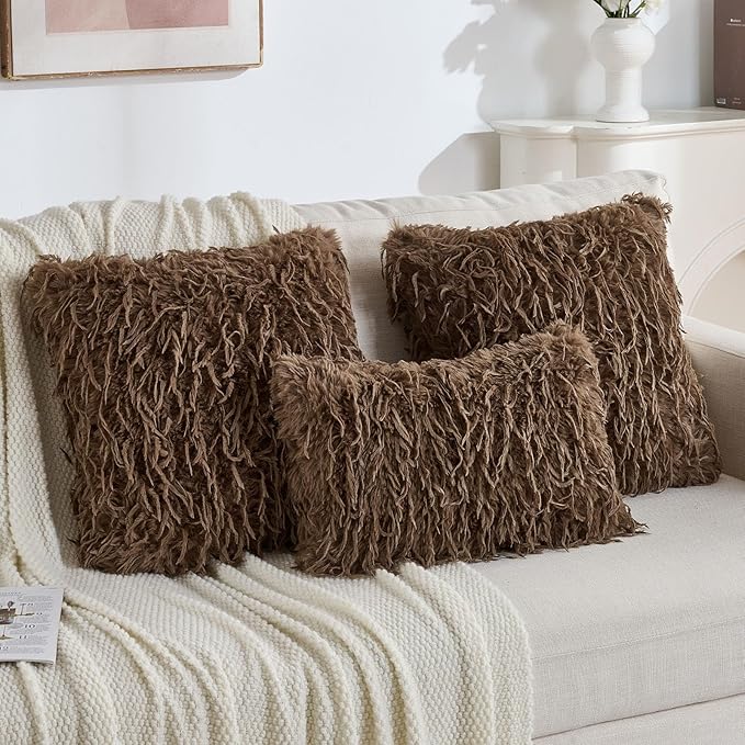 FUTEI Brown Decorative Throw Pillow Covers 22x22 Inch Set of 2,Soft Fluffy Faux Feather Texture Cushion Cases,Modern Home Luxury Decor for Couch Bed Living Room