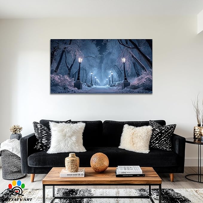 GUTTATY Winter Scene Christmas Canvas Wall Art, Blue Frosty Landscape Canvas Prints, Snowy Pathway Illuminated by Street Lamps, Park Winter Pictures Wall Decor for Living Room, Bedroom, 60x30 Inch
