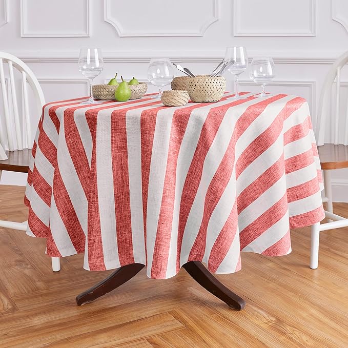 Solino Home Linen 60 Inch Round Tablecloth - Cabana Stripe, 100% Pure Linen Red and White Round Tablecloth - Machine Washable Table Cloth for Christmas