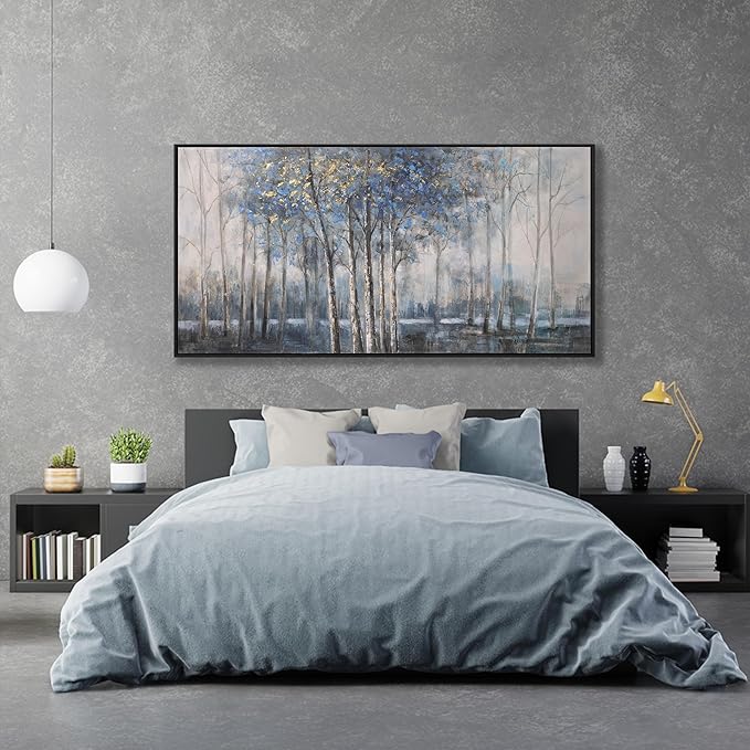 Abstract Canvas Wall Art Modern Abstract Artwork Canvas Prints Framed Canvas Picture Blue Embellishments Plant Grey Misty Forest Abstract Tree Contemporary Wall Art Bedroom Living Room Office