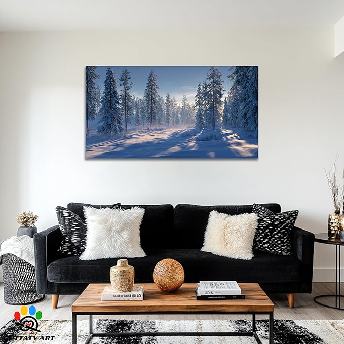 GUTTATY Christmas Winter Scene Canvas Wall Art, Snowy Forest Wall Decor, Serene Pine Tree Canvas Painting, Peaceful Pictures for Living Room, Bedroom, Office, Holiday Decoration, 60x30 Inch