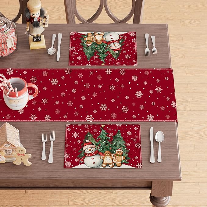XCHI Winter Red Snowman Gingerbread Man Christmas Tree Xmas Placemats Set of 8 Table Mats for Party Home Kitchen Dining Table Decorations 12x18 Inch